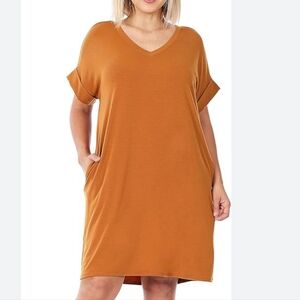 NWOT Zenana Rolled Sleeve Camel Colored Dress